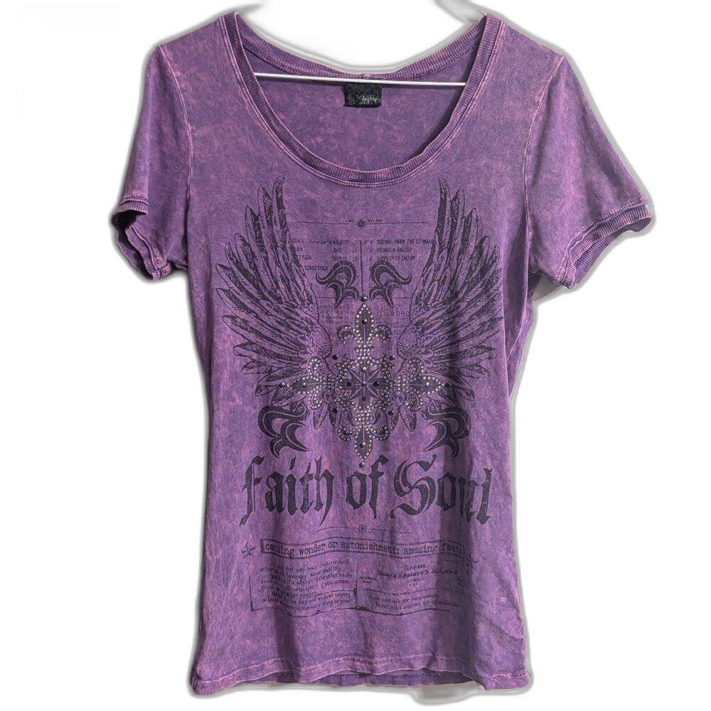 Y2K Grunge Daytrip Graphic Tee Dark Cross Rhinestones Purple Vintage Style Wash